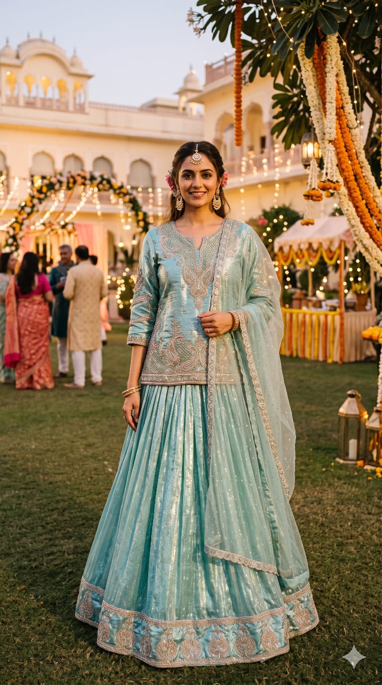 Enchanting Mint Blue Organza Embroidered Short Kurti & Lehenga Set.