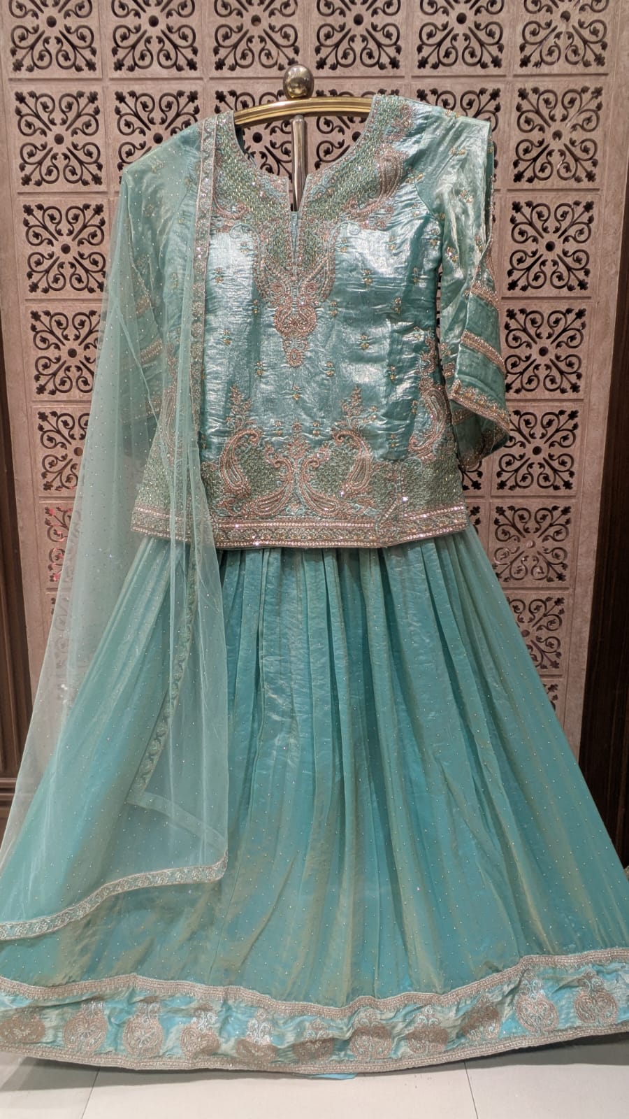 Enchanting Mint Blue Organza Embroidered Short Kurti & Lehenga Set.