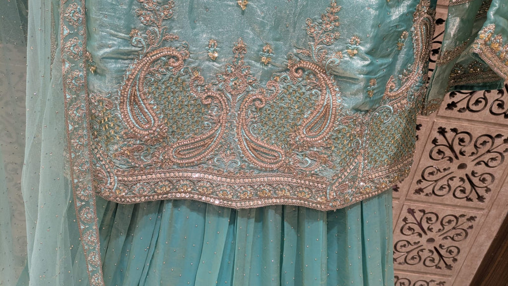 Enchanting Mint Blue Organza Embroidered Short Kurti & Lehenga Set.