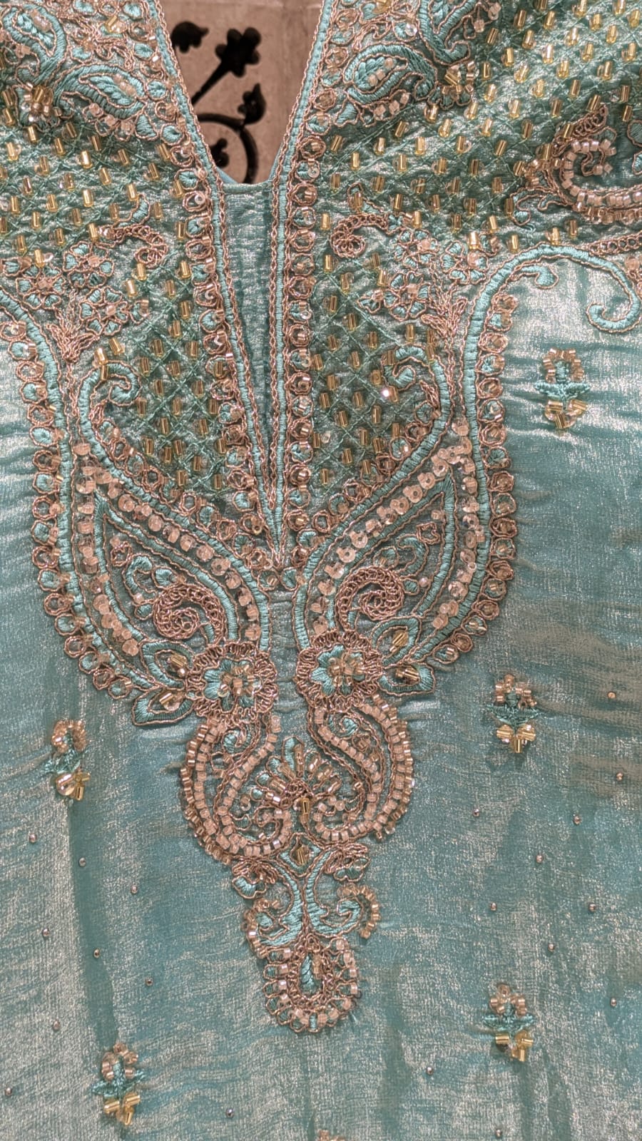 Enchanting Mint Blue Organza Embroidered Short Kurti & Lehenga Set.