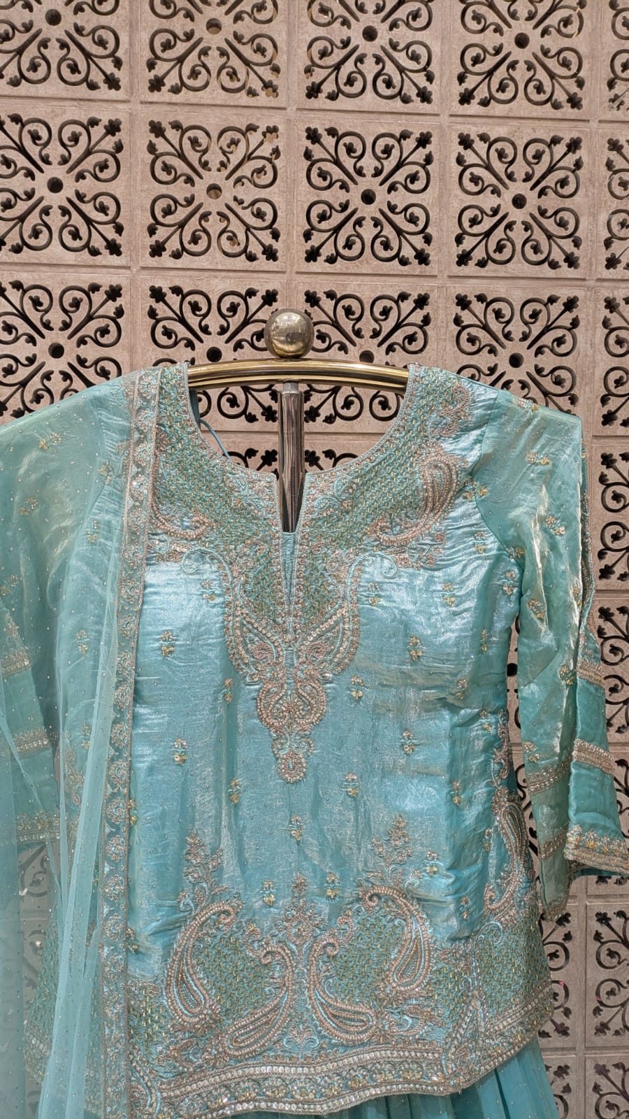 Enchanting Mint Blue Organza Embroidered Short Kurti & Lehenga Set.