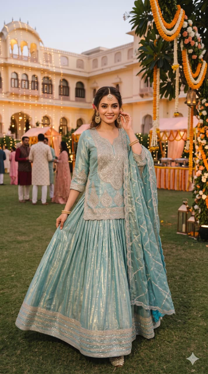 Shimmering Mint Embroidered Organza Short Kurti & Lehenga Set.