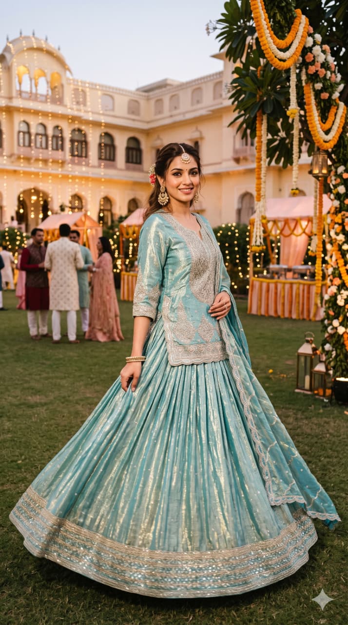 Shimmering Mint Embroidered Organza Short Kurti & Lehenga Set.