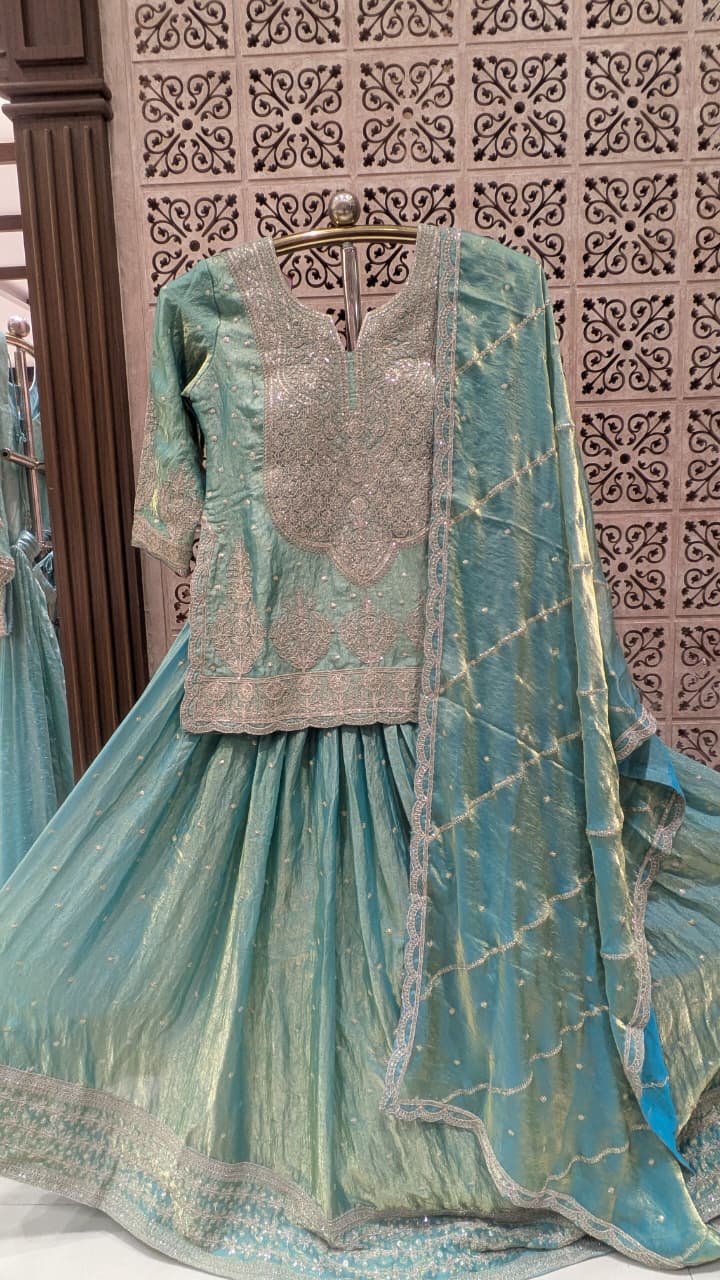 Shimmering Mint Embroidered Organza Short Kurti & Lehenga Set.