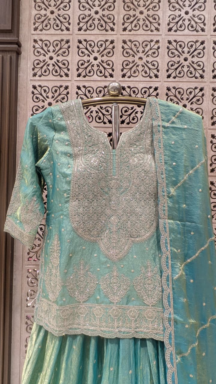 Shimmering Mint Embroidered Organza Short Kurti & Lehenga Set.