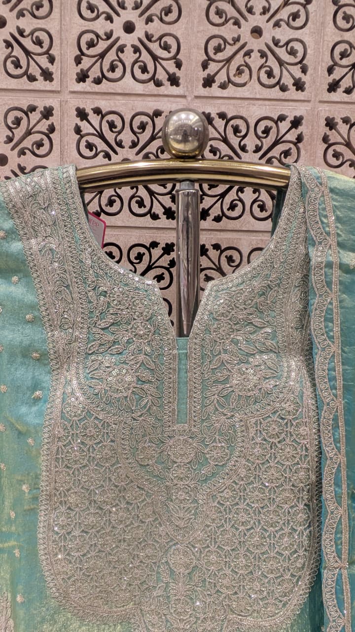 Shimmering Mint Embroidered Organza Short Kurti & Lehenga Set.