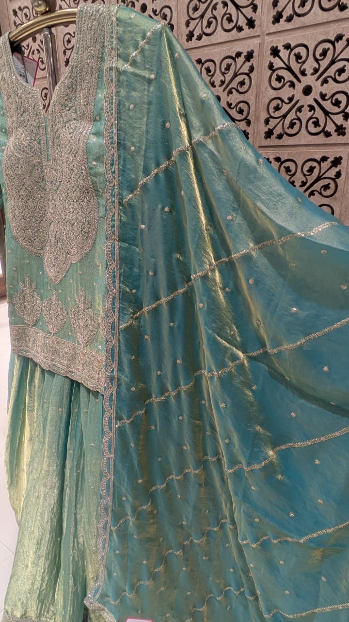 Shimmering Mint Embroidered Organza Short Kurti & Lehenga Set.