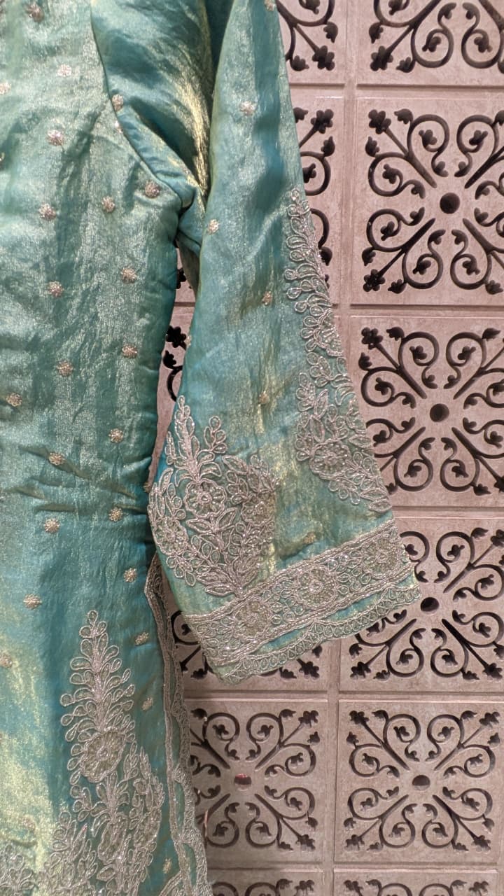 Shimmering Mint Embroidered Organza Short Kurti & Lehenga Set.
