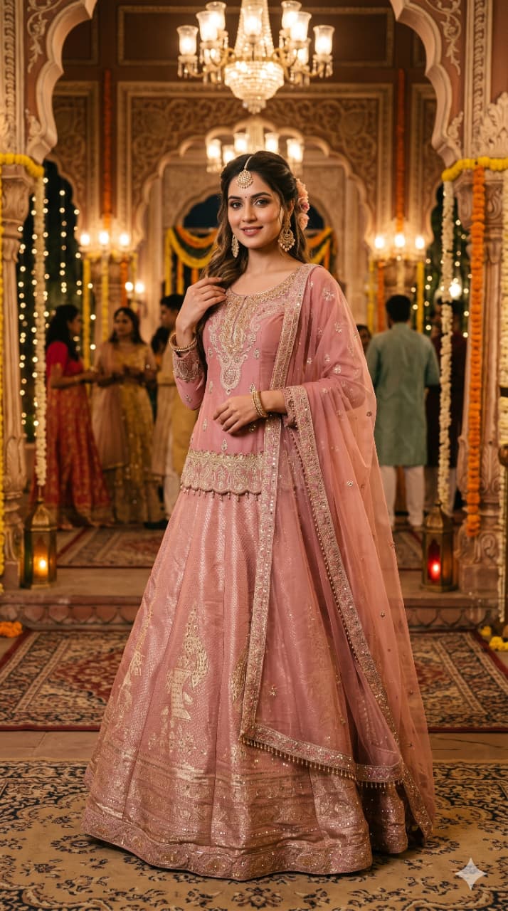 Blushing Pink Festive Simmer Silk Short Kurti and Embellished Lehenga Ensemble