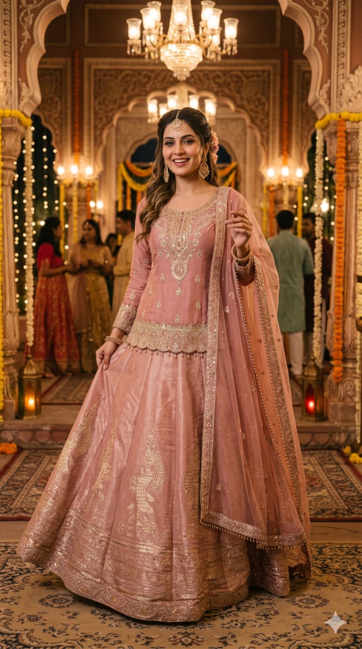 Blushing Pink Festive Simmer Silk Short Kurti and Embellished Lehenga Ensemble