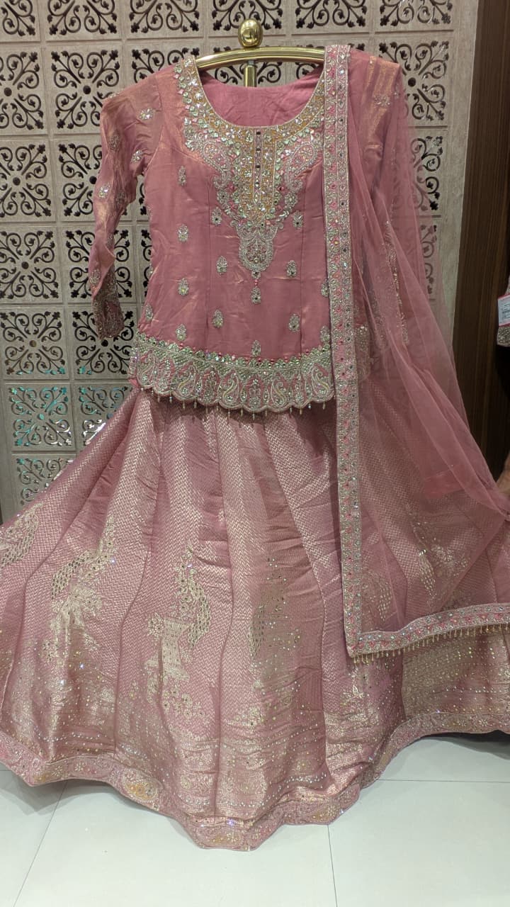 Blushing Pink Festive Simmer Silk Short Kurti and Embellished Lehenga Ensemble
