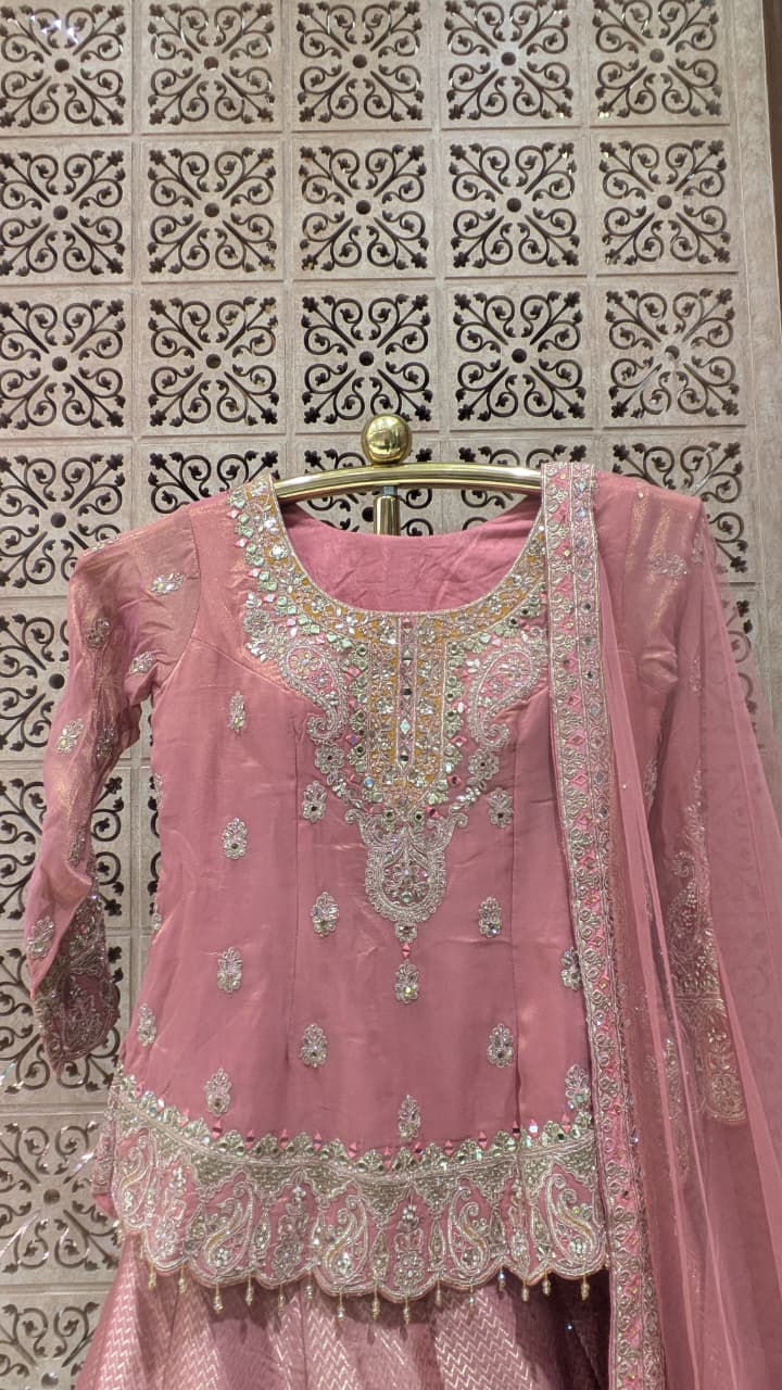 Blushing Pink Festive Simmer Silk Short Kurti and Embellished Lehenga Ensemble