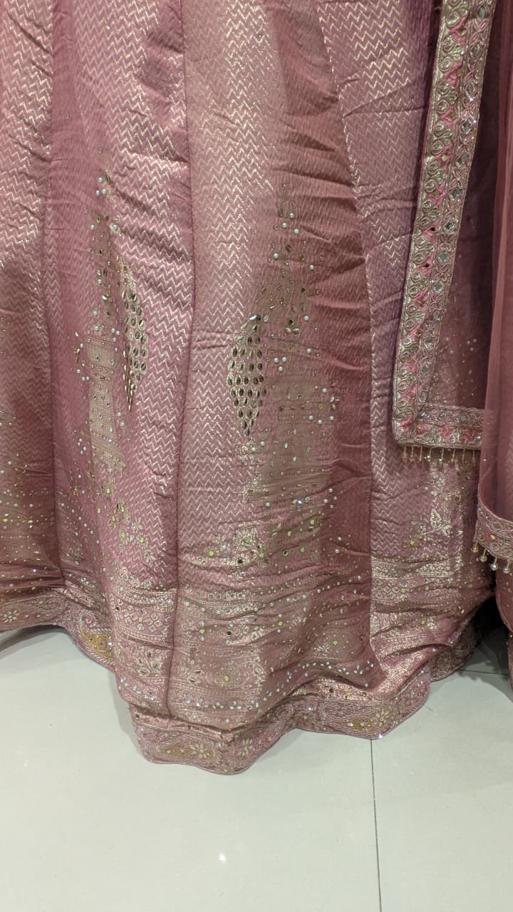 Blushing Pink Festive Simmer Silk Short Kurti and Embellished Lehenga Ensemble