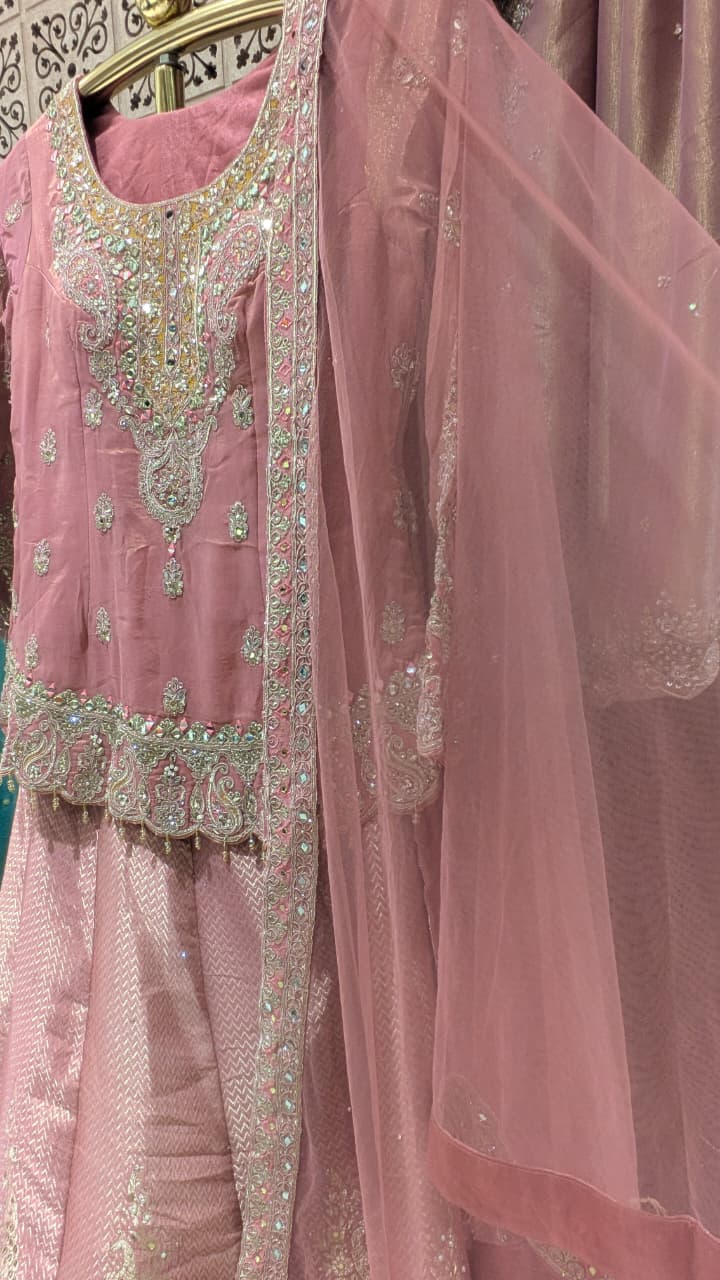 Blushing Pink Festive Simmer Silk Short Kurti and Embellished Lehenga Ensemble