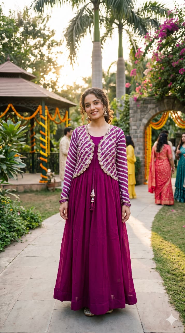 magenta Georgette Anarkali Dress with Contrasting Shrug Jacket.