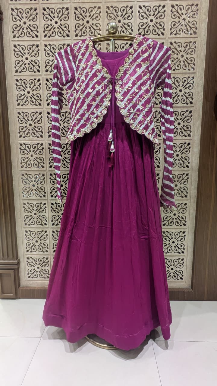 magenta Georgette Anarkali Dress with Contrasting Shrug Jacket.