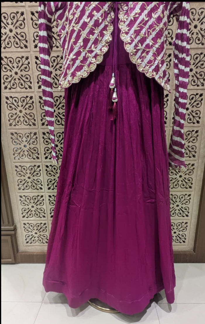 magenta Georgette Anarkali Dress with Contrasting Shrug Jacket.