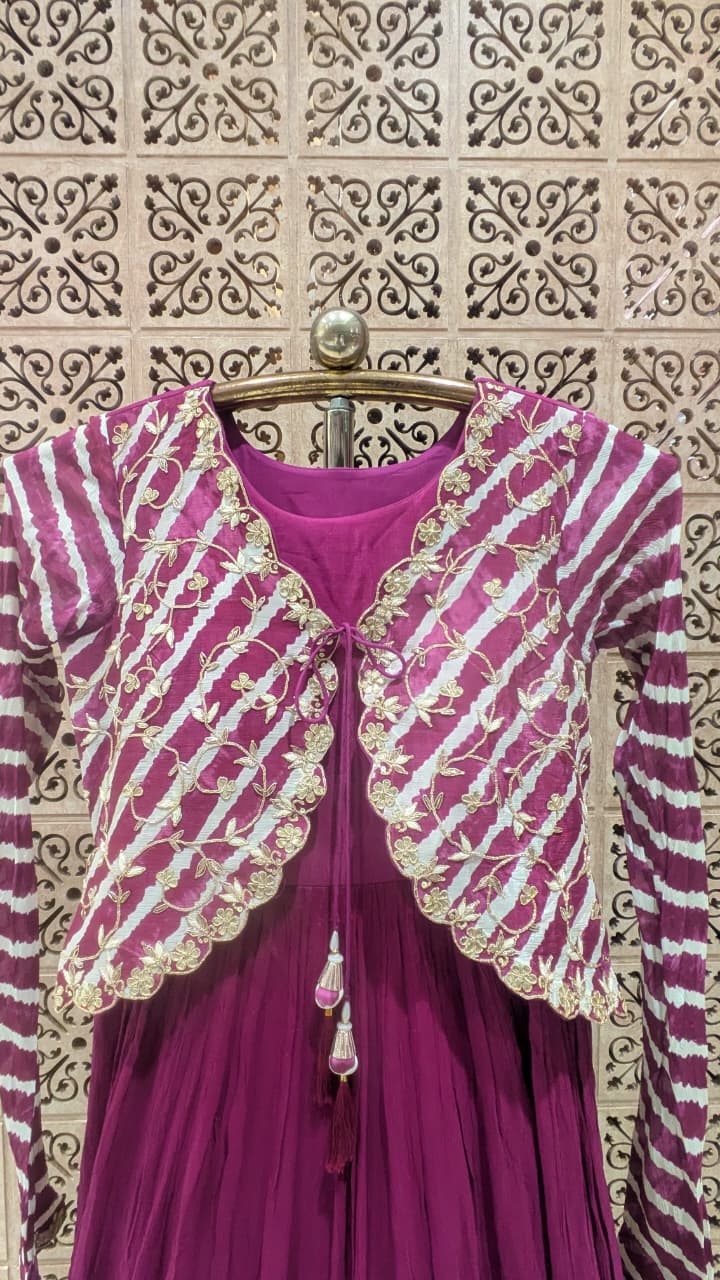 magenta Georgette Anarkali Dress with Contrasting Shrug Jacket.