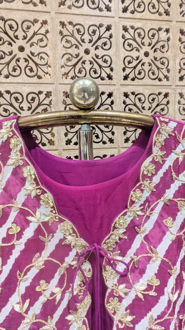 magenta Georgette Anarkali Dress with Contrasting Shrug Jacket.