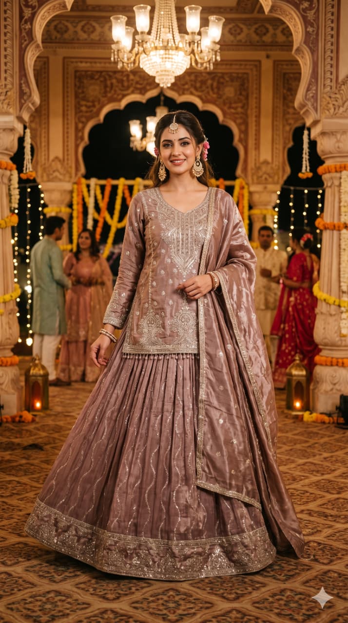 Elegant Mauve Embroidered Organza Kurti & Lehenga Set with Dupatta.