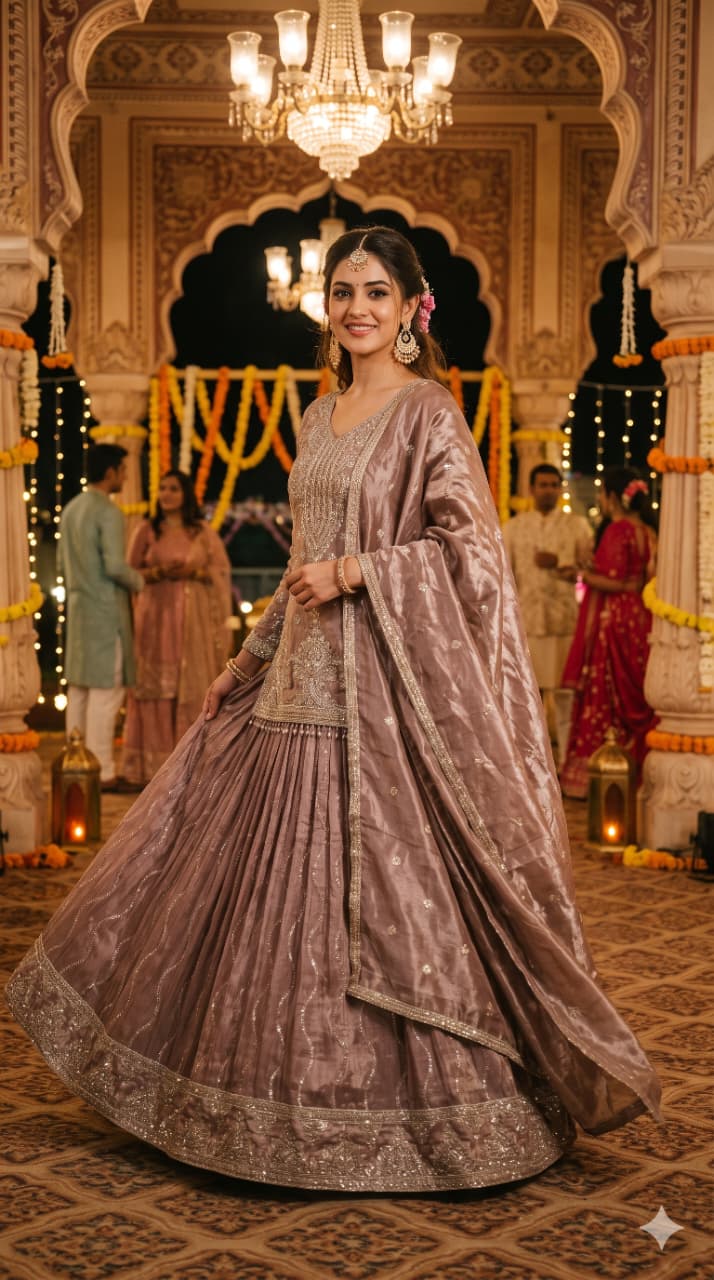 Elegant Mauve Embroidered Organza Kurti & Lehenga Set with Dupatta.
