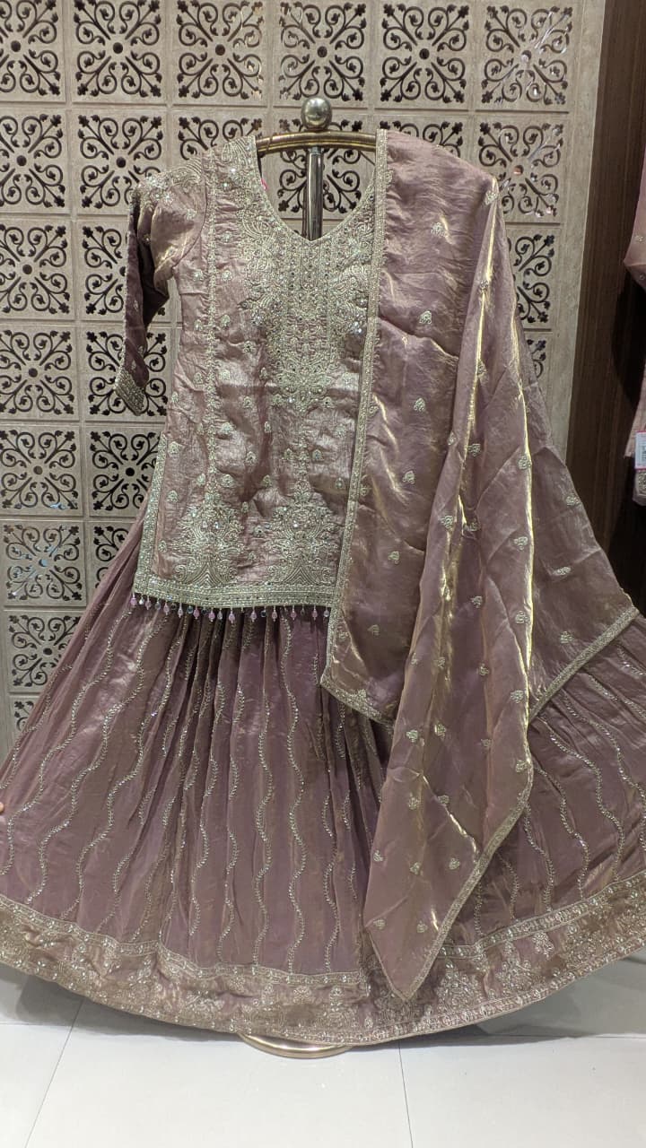 Elegant Mauve Embroidered Organza Kurti & Lehenga Set with Dupatta.