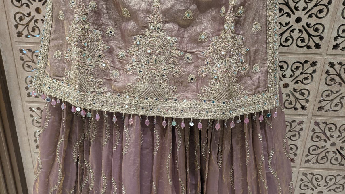 Elegant Mauve Embroidered Organza Kurti & Lehenga Set with Dupatta.