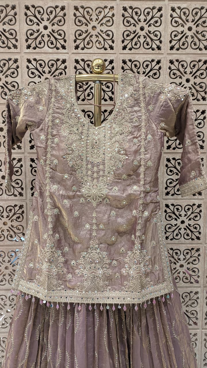 Elegant Mauve Embroidered Organza Kurti & Lehenga Set with Dupatta.