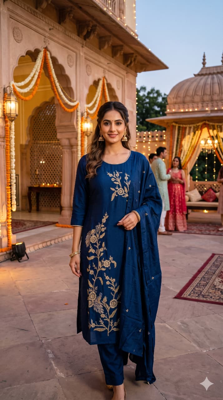 royal blue straight-fit Silk kurta set.