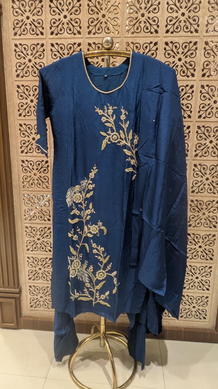 royal blue straight-fit Silk kurta set.