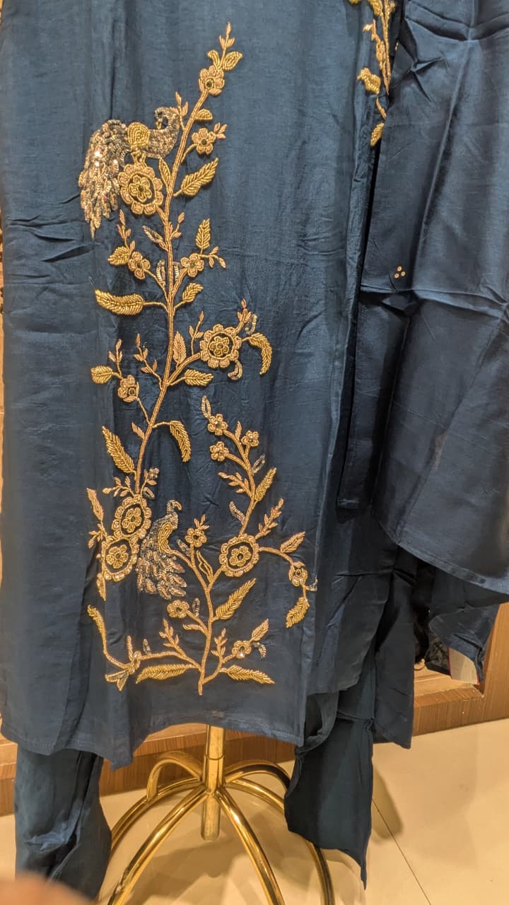 royal blue straight-fit Silk kurta set.