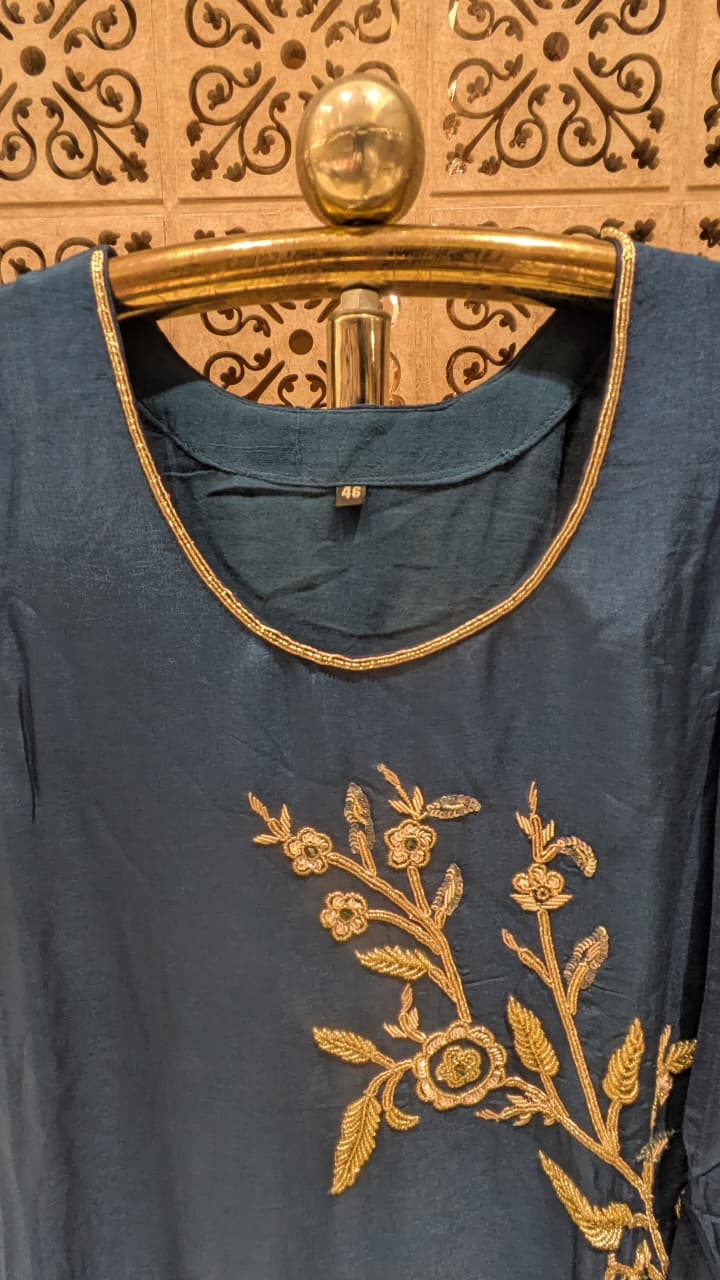 royal blue straight-fit Silk kurta set.