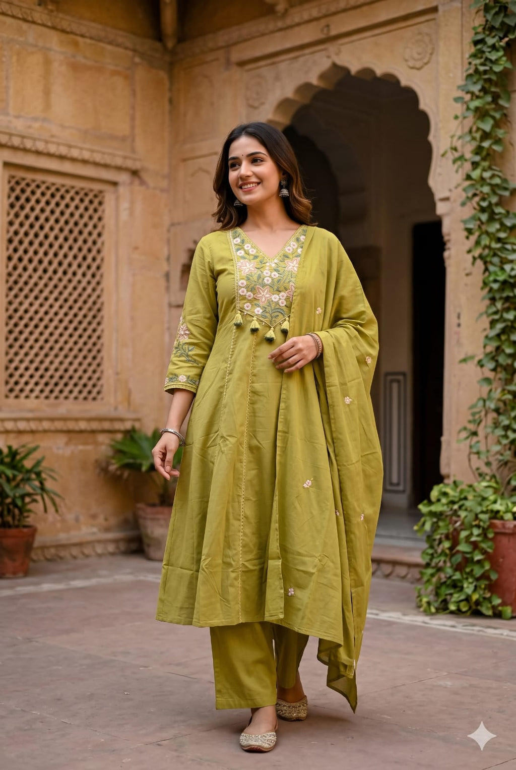 mehendi green Anarkali-style Mul Cotton kurta set.