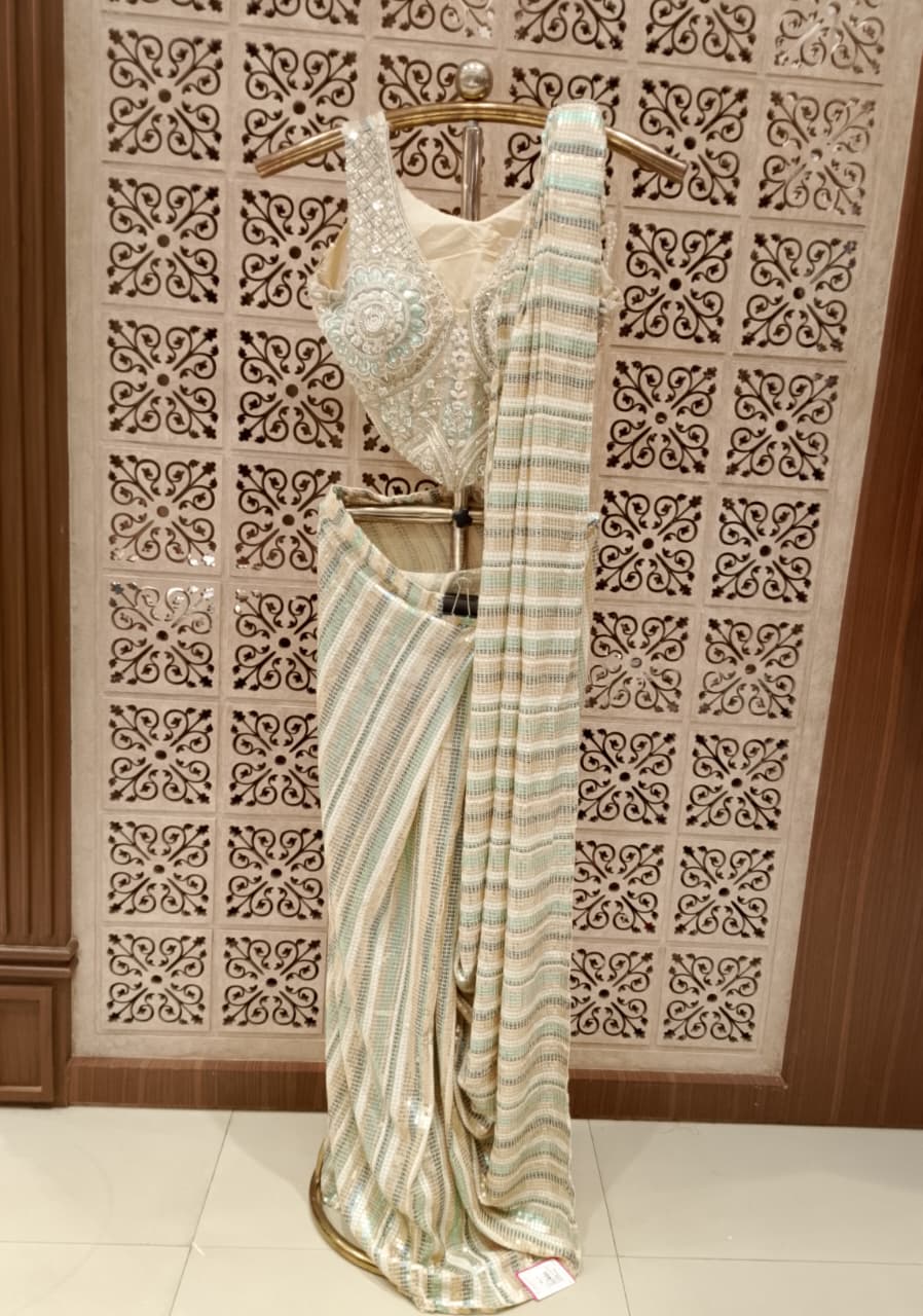 Mint Green and Gold All-Over Sequin Satin Silk Ready-to-Wear Saree.