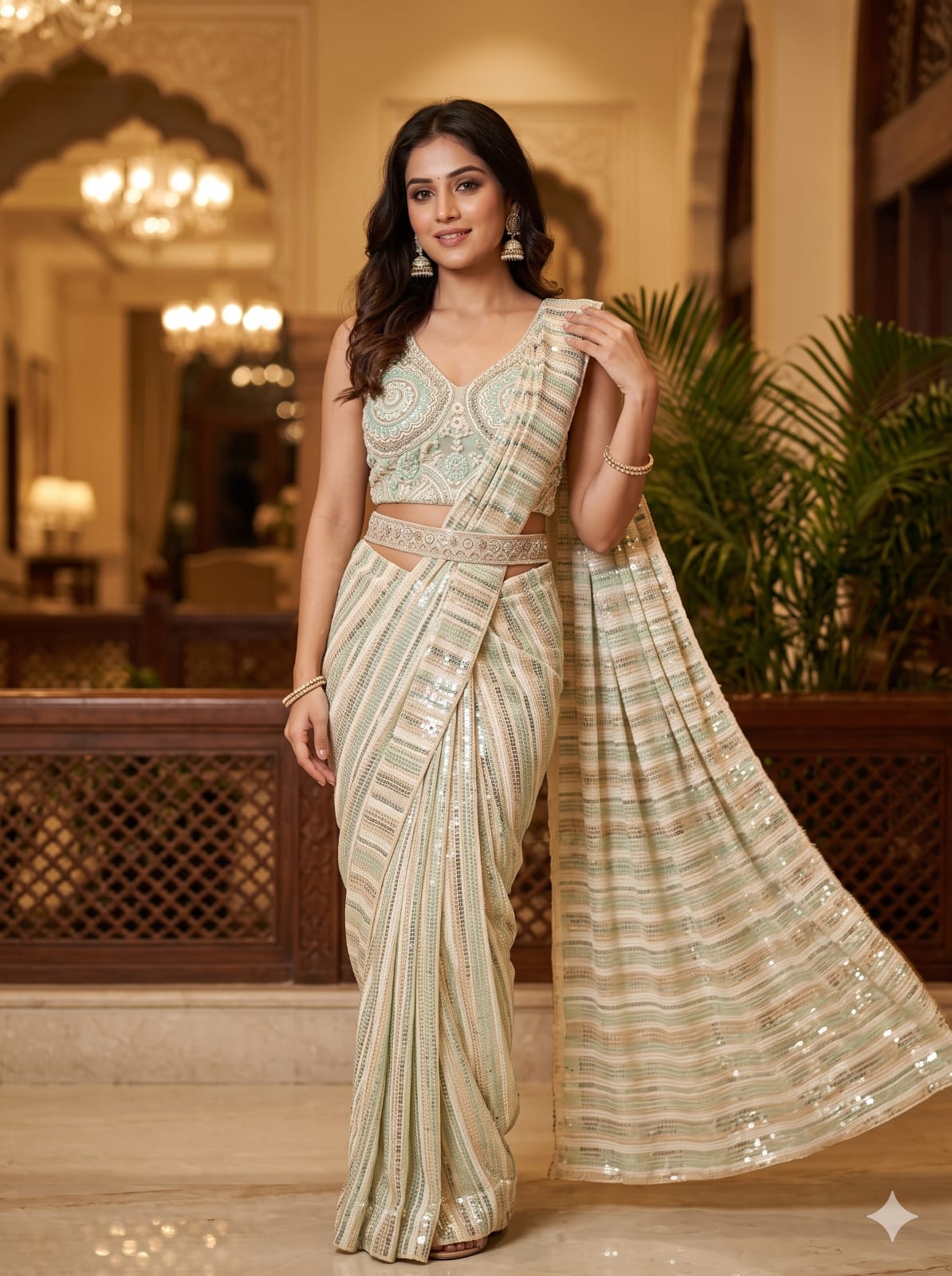 Mint Green and Gold All-Over Sequin Satin Silk Ready-to-Wear Saree.