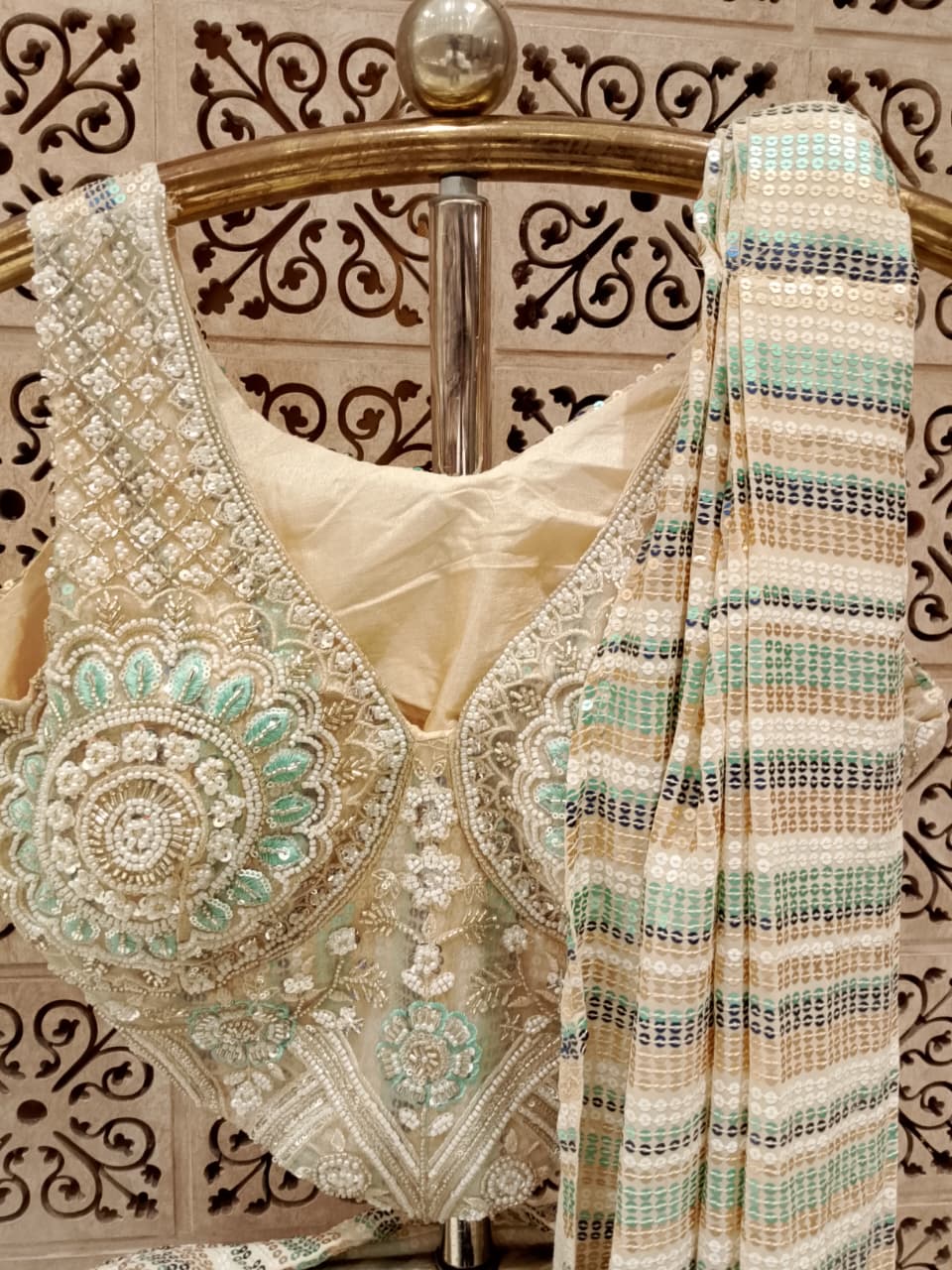 Mint Green and Gold All-Over Sequin Satin Silk Ready-to-Wear Saree.