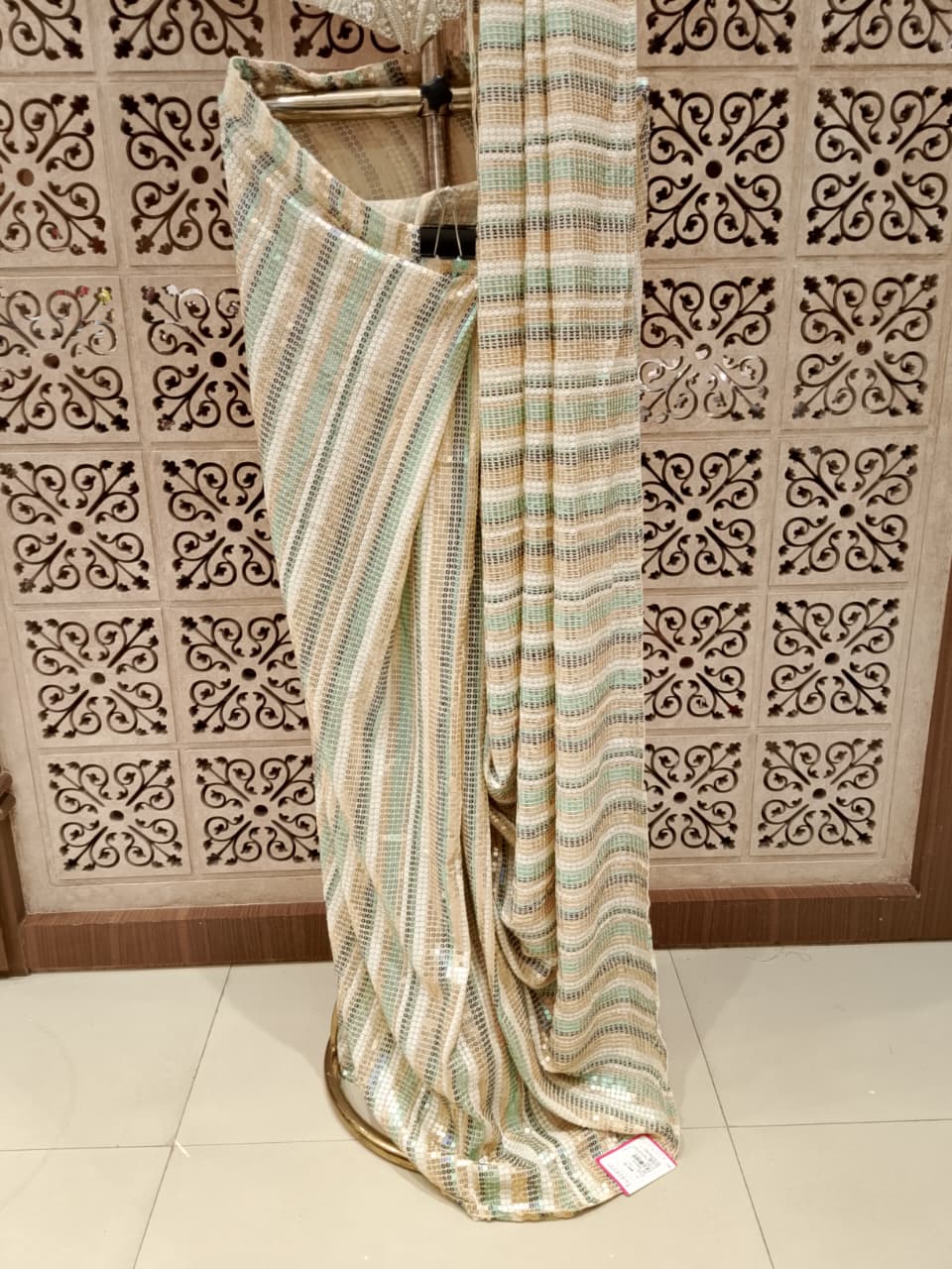 Mint Green and Gold All-Over Sequin Satin Silk Ready-to-Wear Saree.