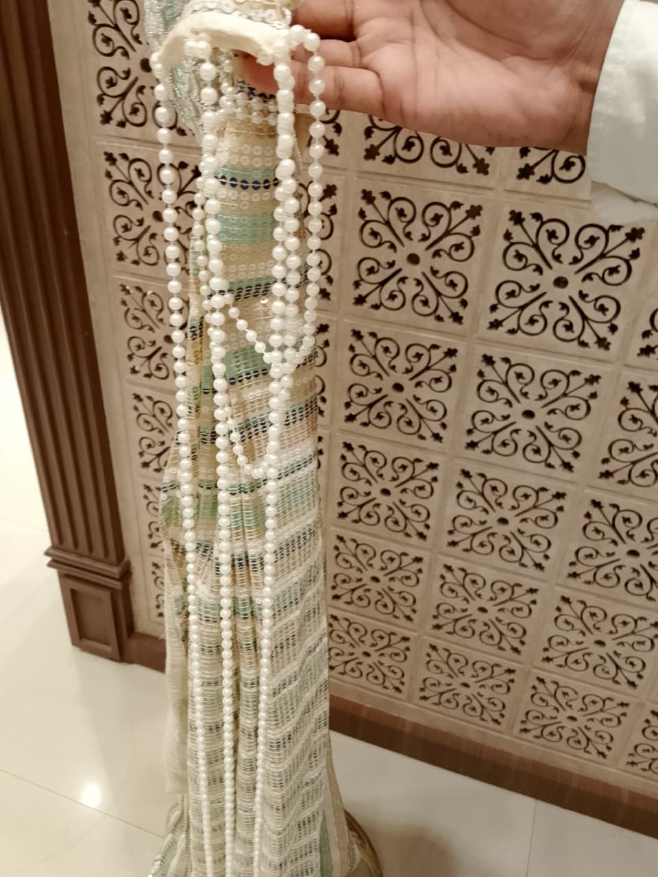 Mint Green and Gold All-Over Sequin Satin Silk Ready-to-Wear Saree.