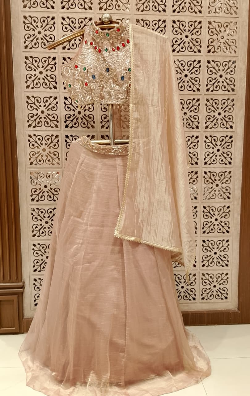 Blush Pink Organza Lehenga Choli with Embroidered Halter Blouse.