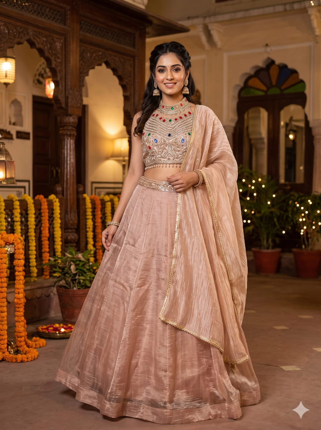 Blush Pink Organza Lehenga Choli with Embroidered Halter Blouse.