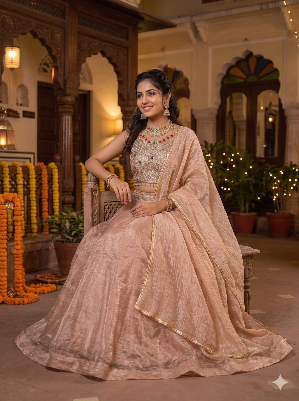 Blush Pink Organza Lehenga Choli with Embroidered Halter Blouse.