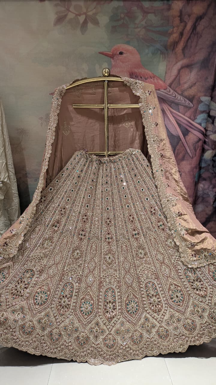 Exquisite Dusty Rose Hand-Embroidered Unstitched Bridal Lehenga Choli Set Bridal Wear, Wedding Reception, Sangeet, Premium Festive Events