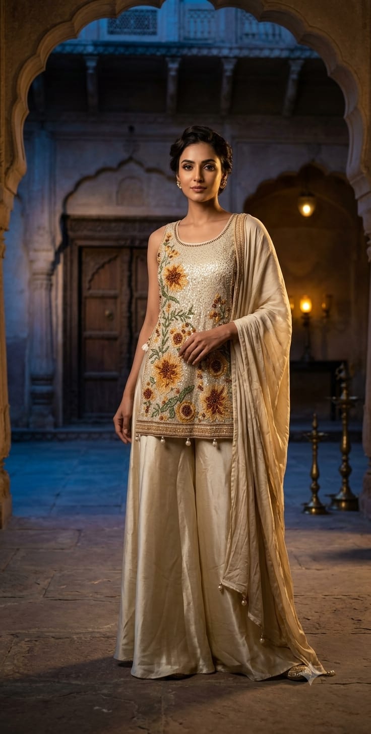 Ivory & Champagne Gold Floral Embroidered Palazzo Suit Set.