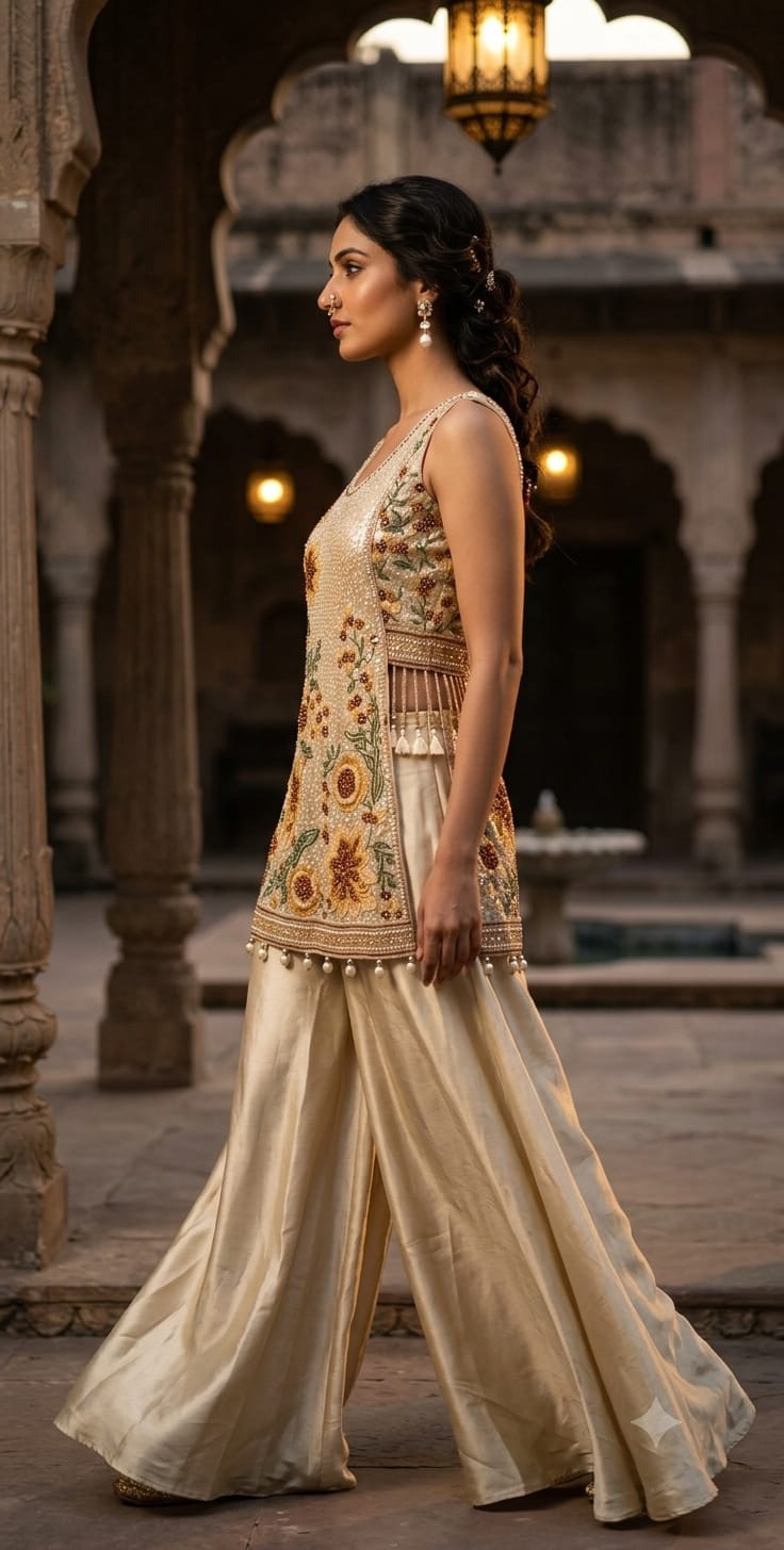 Ivory & Champagne Gold Floral Embroidered Palazzo Suit Set.