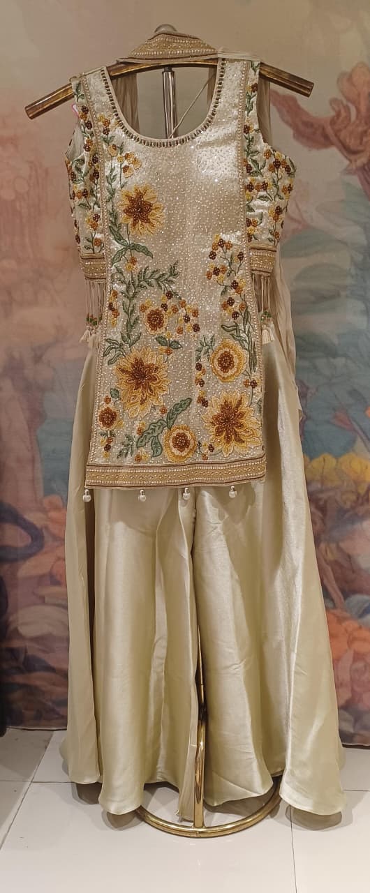 Ivory & Champagne Gold Floral Embroidered Palazzo Suit Set.