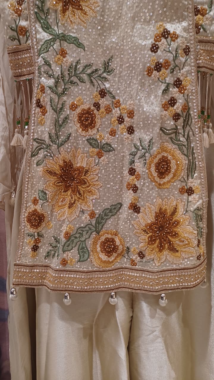 Ivory & Champagne Gold Floral Embroidered Palazzo Suit Set.