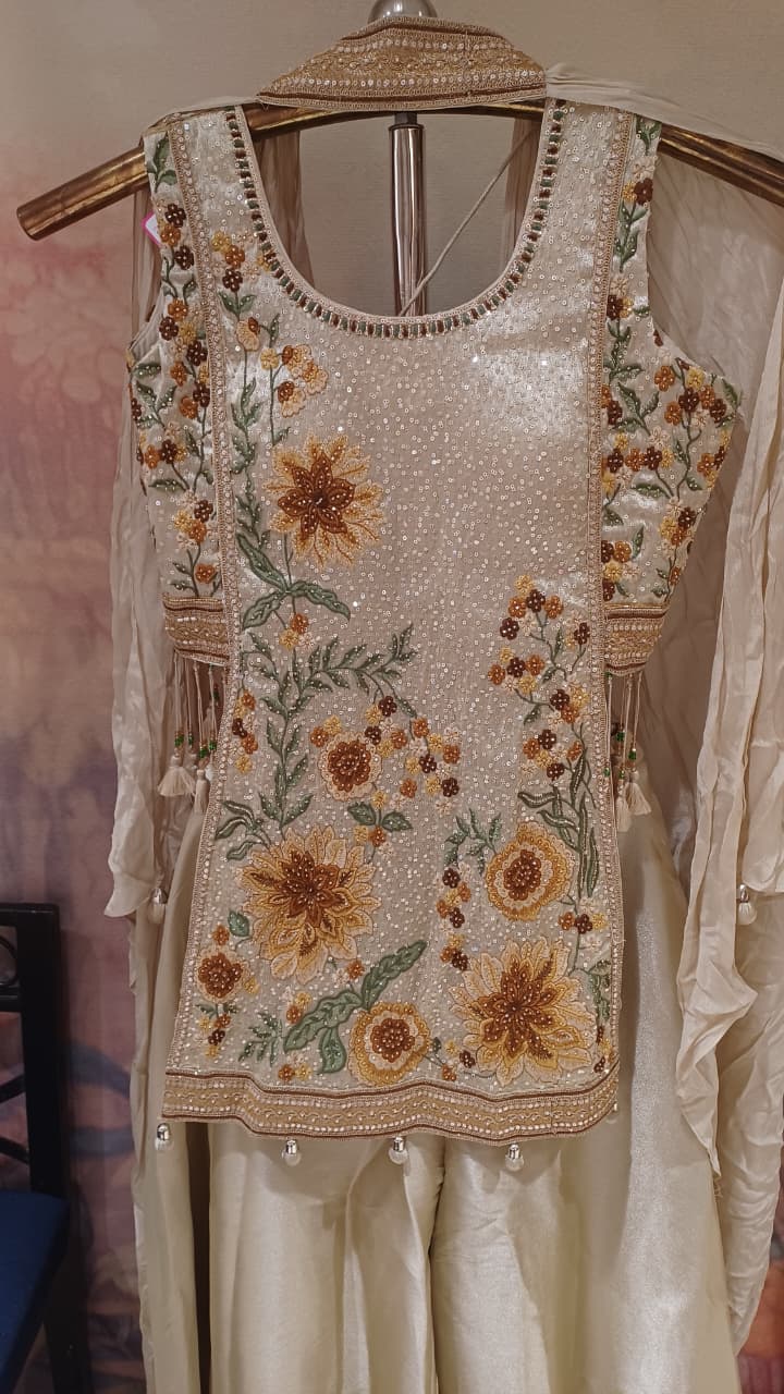 Ivory & Champagne Gold Floral Embroidered Palazzo Suit Set.