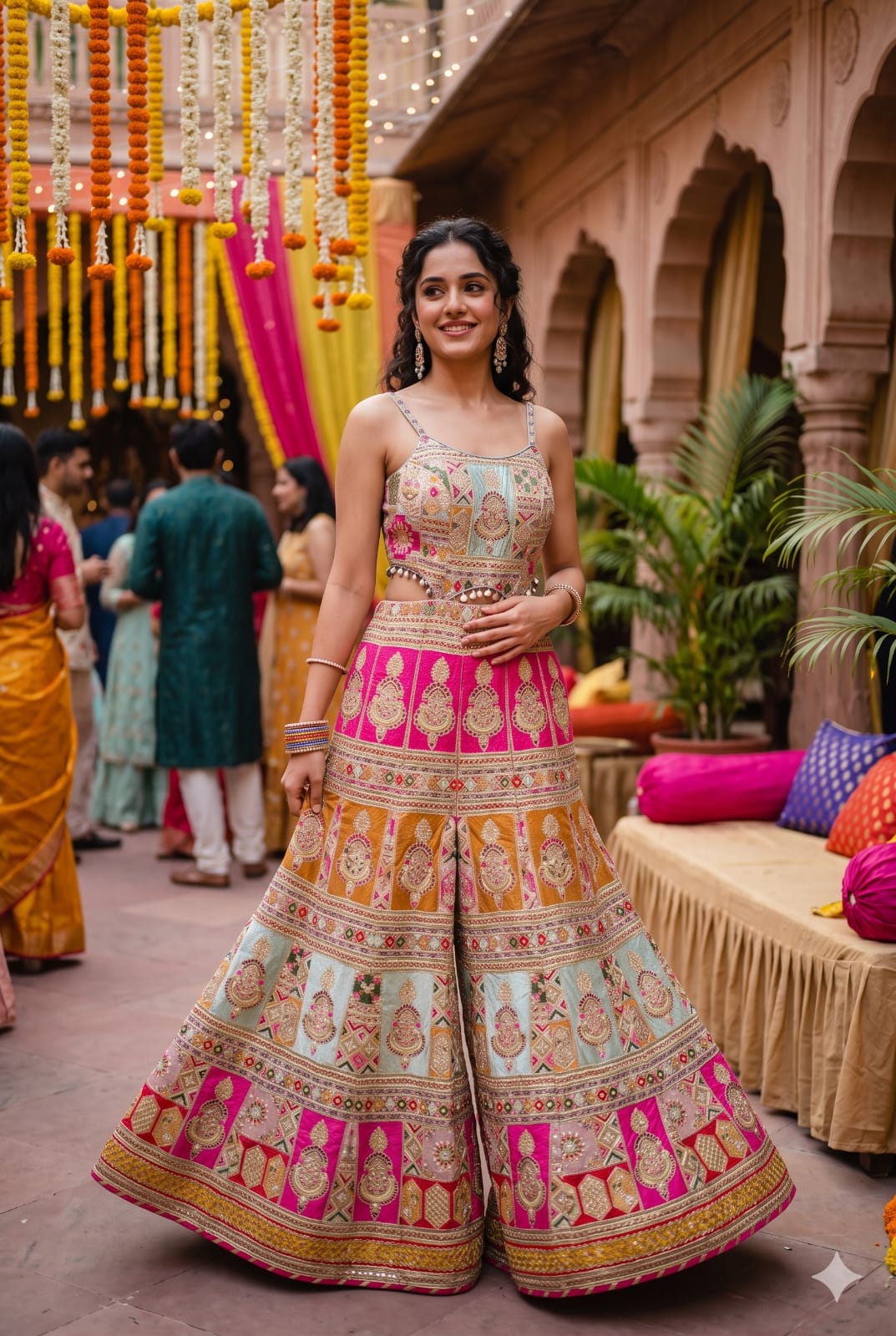 Festive Patchwork Silk Jumpsuit-Style Fusion Set with Waist Cut-Outs.