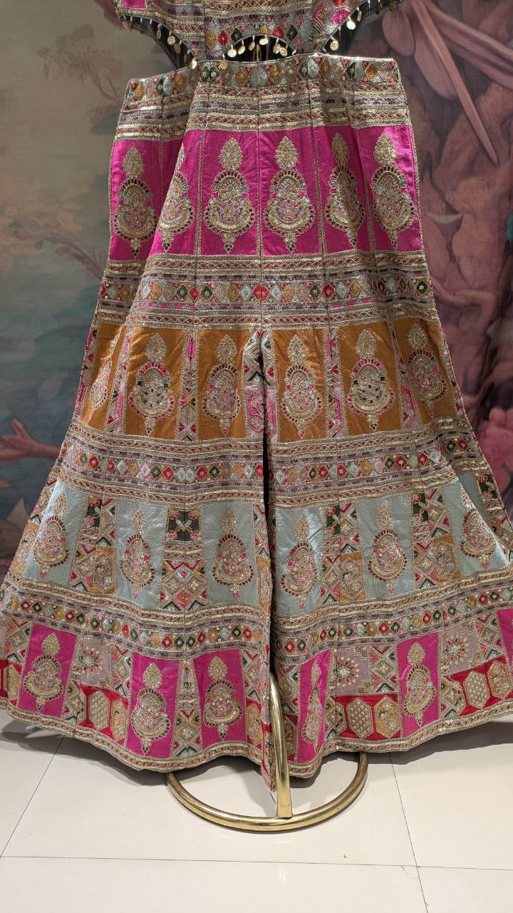 Festive Patchwork Silk Jumpsuit-Style Fusion Set with Waist Cut-Outs.