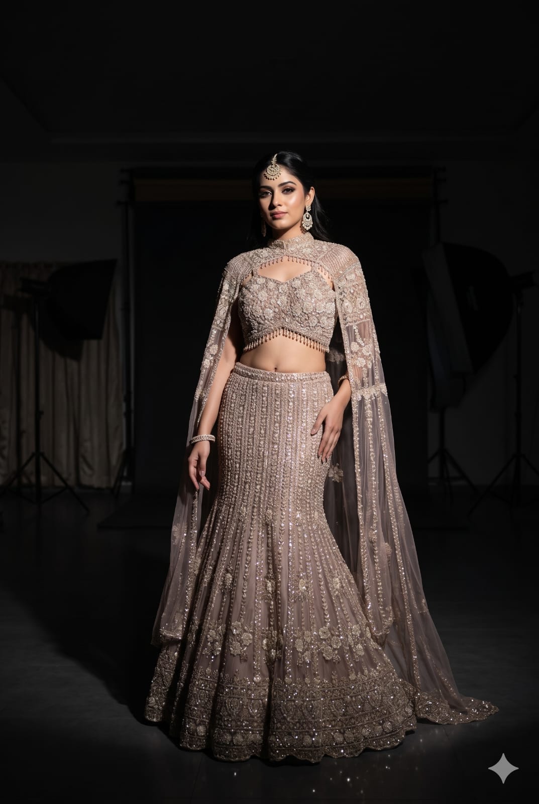 Celestial Champagne-Gray Fish-Cut Lehenga Choli Set.